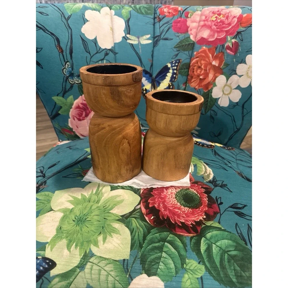 Wooden Candle Holders Set Of 2 Vintage 70's Mid-Century